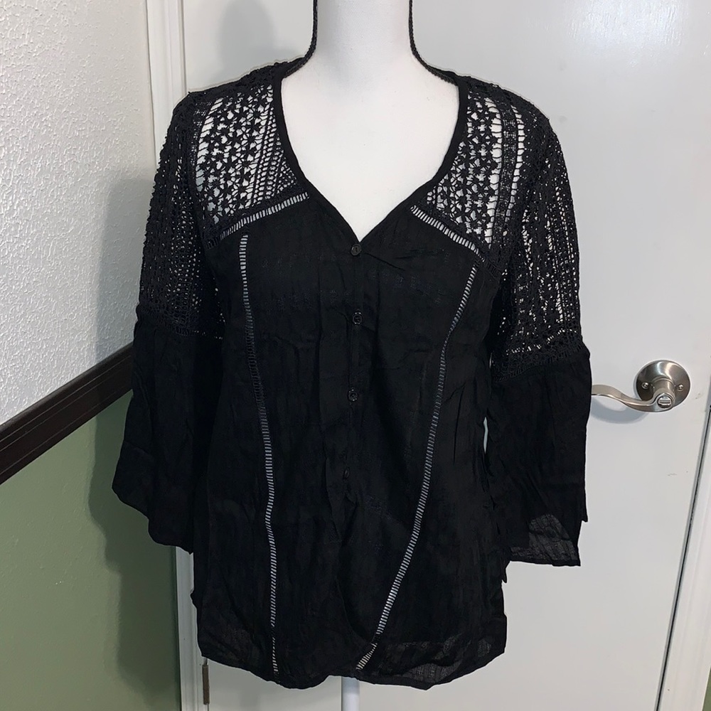 Women's Lace Crochet V Neck Bell Sleeve Button Down Shirts Casual Loose Blouse